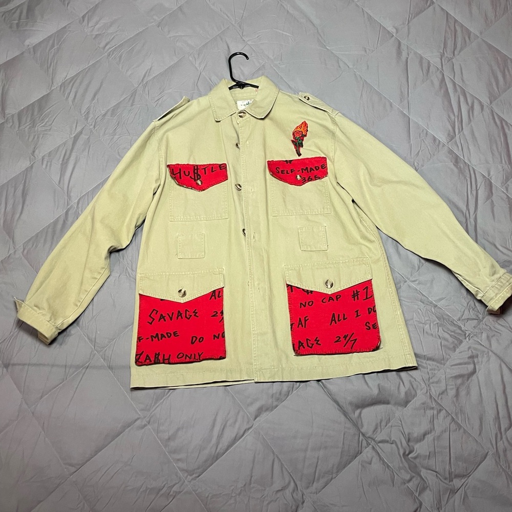 TREASURE CAY Cream and Red Military Field Jacket with Cropped Design CustomKarma